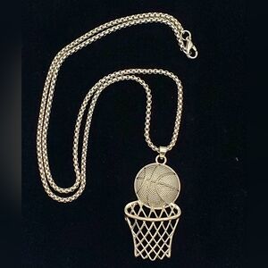 Stainless Steel Textured Basketball Hoop Pendant Necklace 3mm Box Chain Unisex